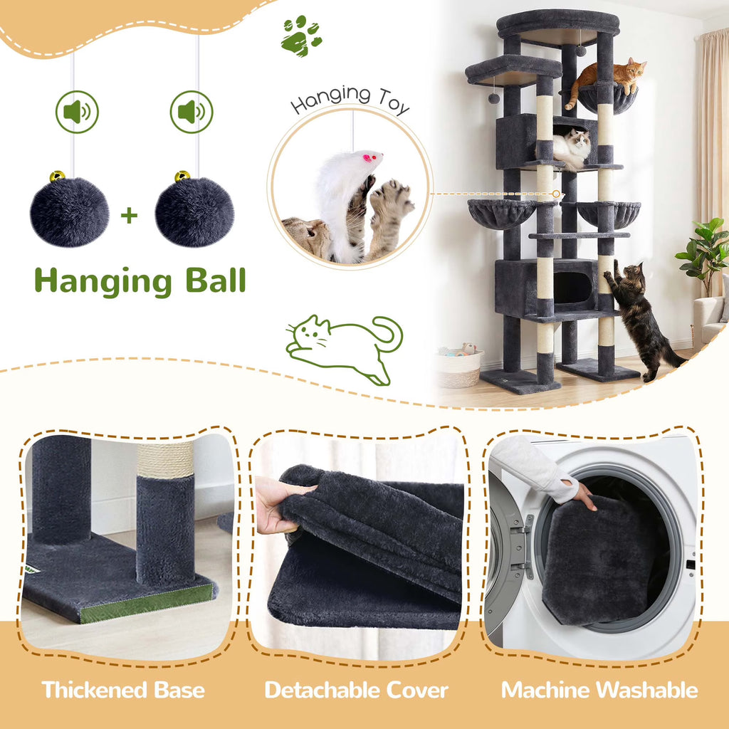 84-Inch Multilevel Corner Cat Tree Tower for Indoor Cats with Dual Condos, Three Hanging Baskets, and Eight Scratching Posts in Dark Gray