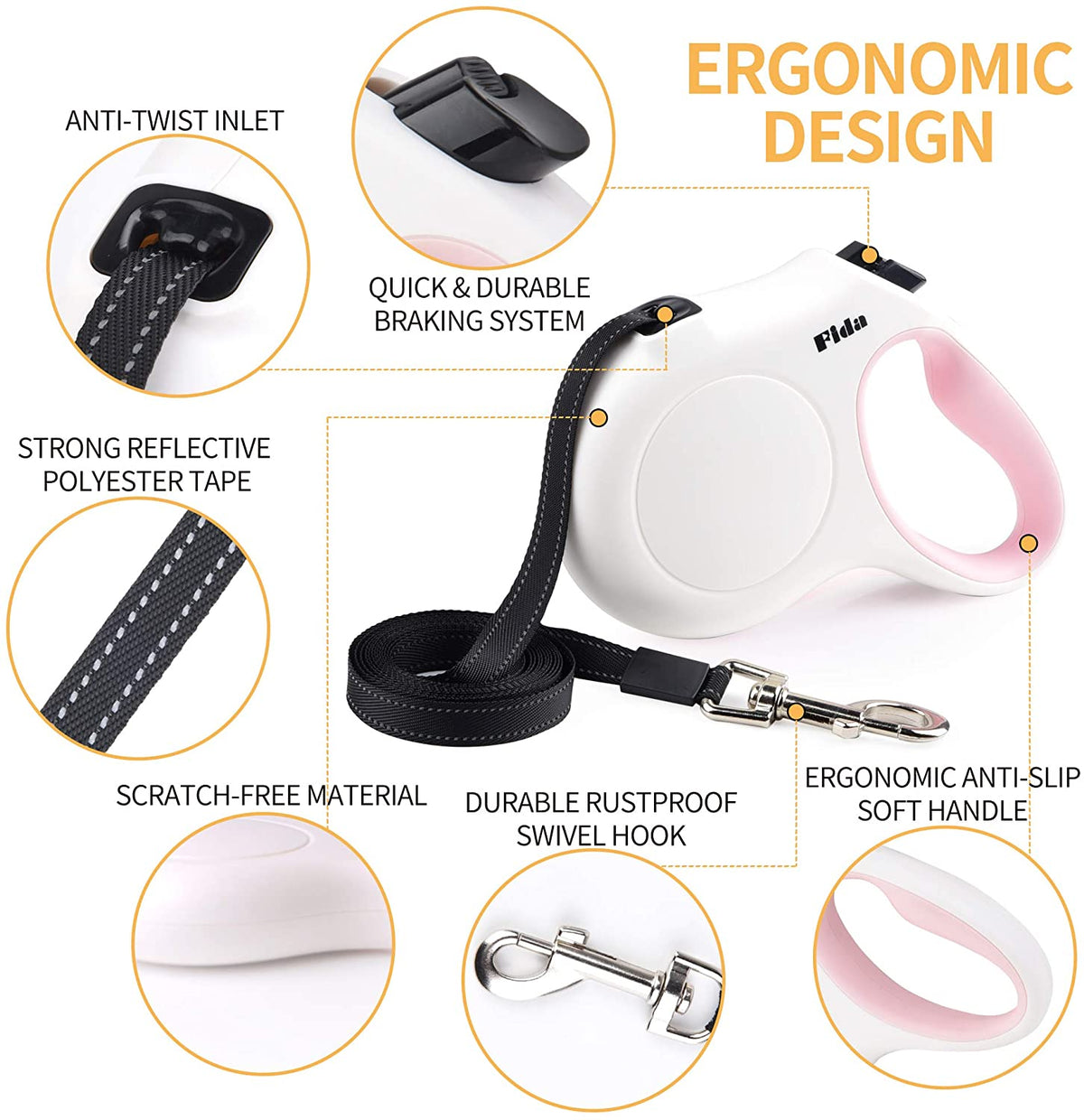 Retractable Dog Leash with Integrated Dispenser and Poop Bags, 10 Feet, White and Pink