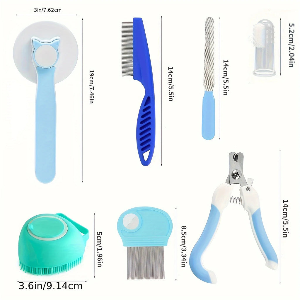 8-Piece Cat Grooming Kit: Includes Flea Comb, Pet Shampoo Brush, Shedding Brush, and Silicone Toothbrush