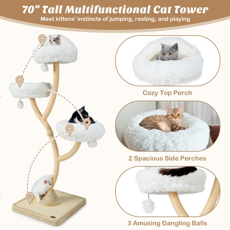 70-Inch Cat Tree Tower with Four Levels, Three Perches, and Interactive Dangling Balls