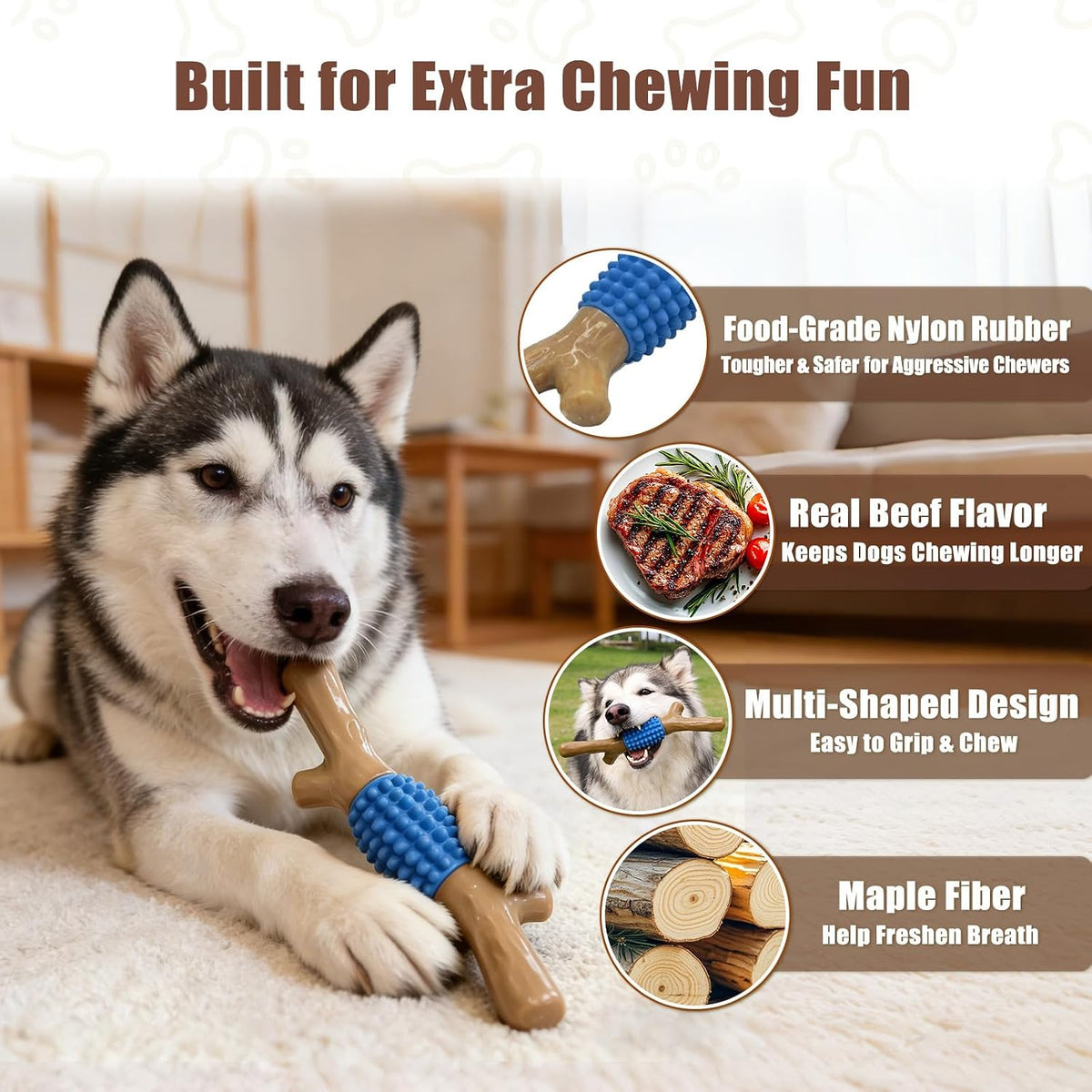 Durable Dog Chew Toy for Aggressive Chewers - Tough Nylon and Rubber Teething Stick with Beef Flavor for Large and Medium Breeds
