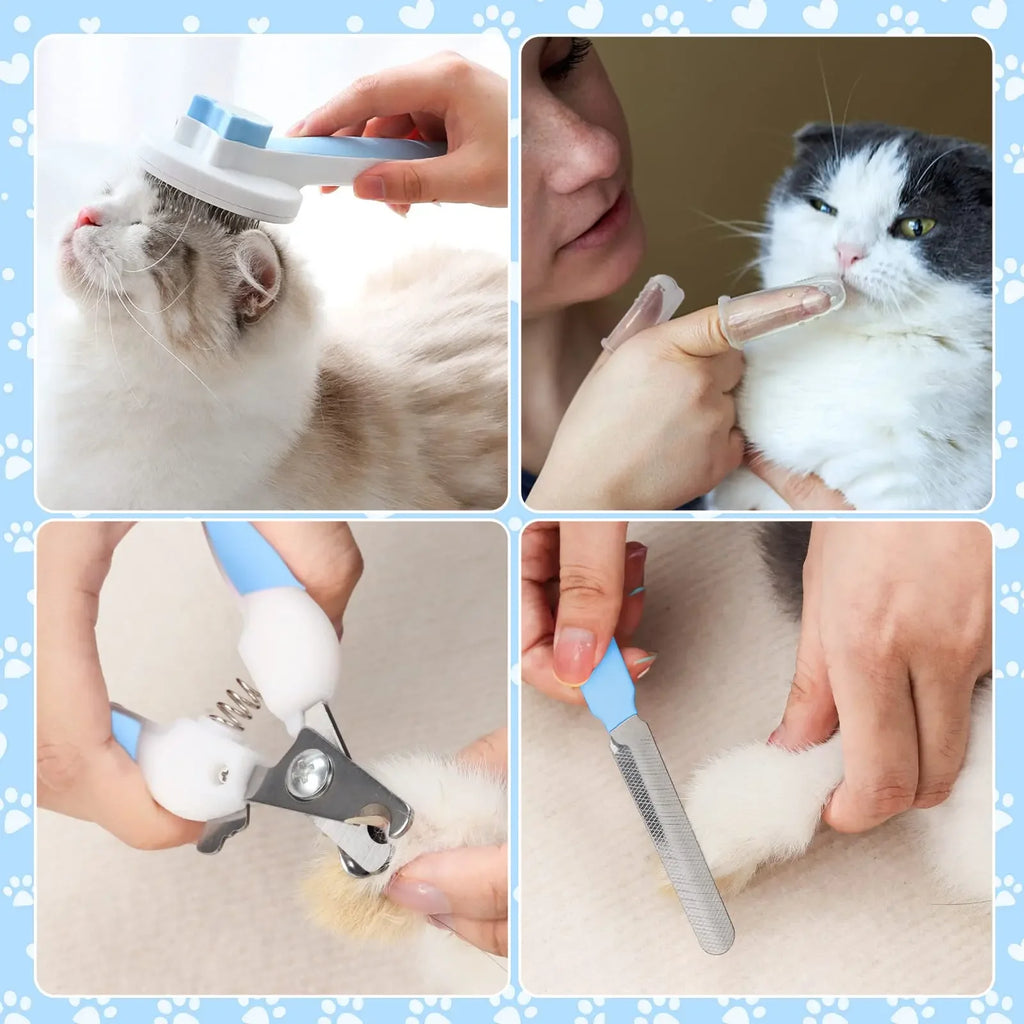 8-Piece Cat Grooming Kit: Includes Flea Comb, Pet Shampoo Brush, Shedding Brush, and Silicone Toothbrush