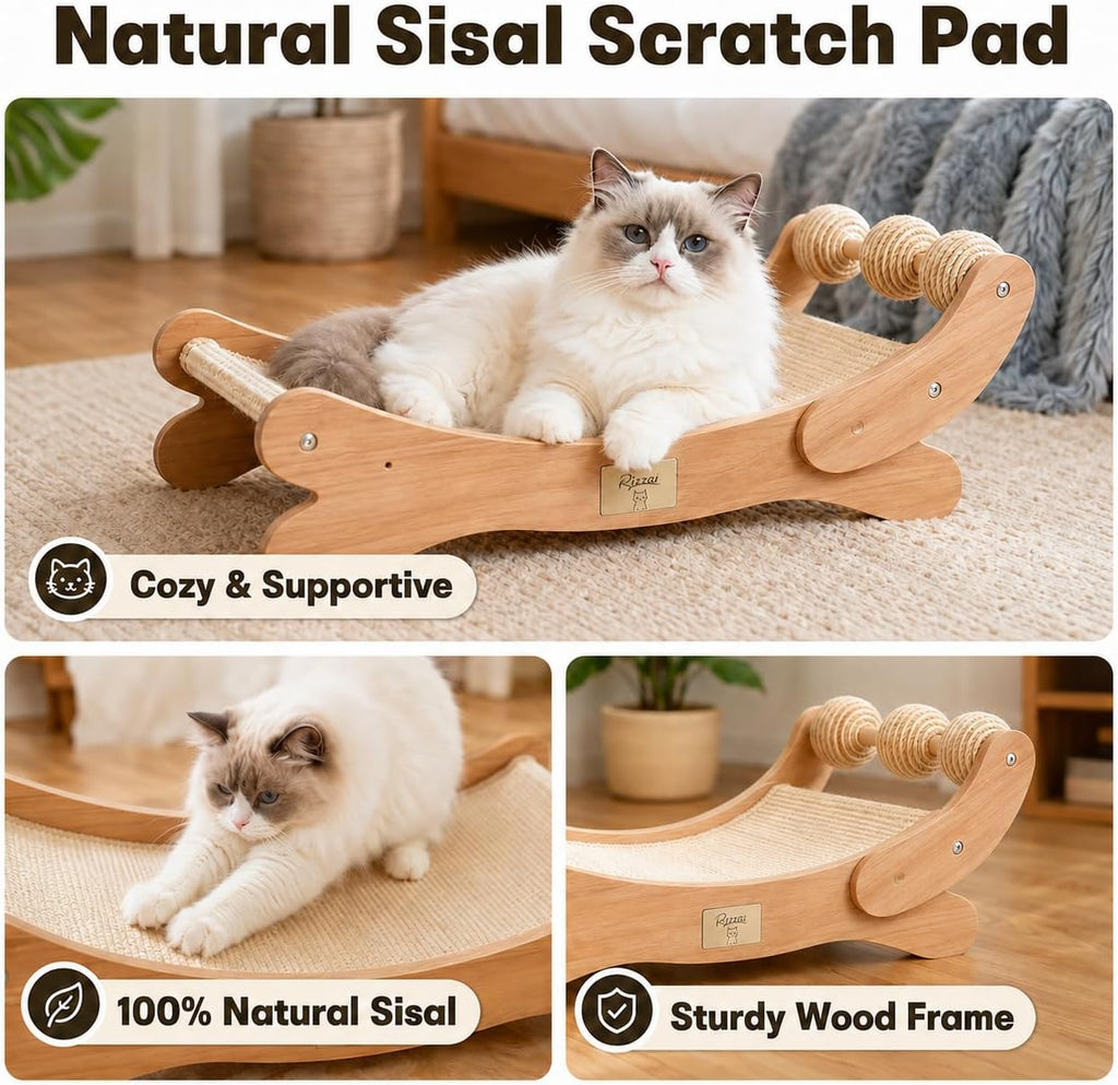 Sisal Cat Scratcher Bed with Three Play Balls and Wooden Hammock for Indoor Cats