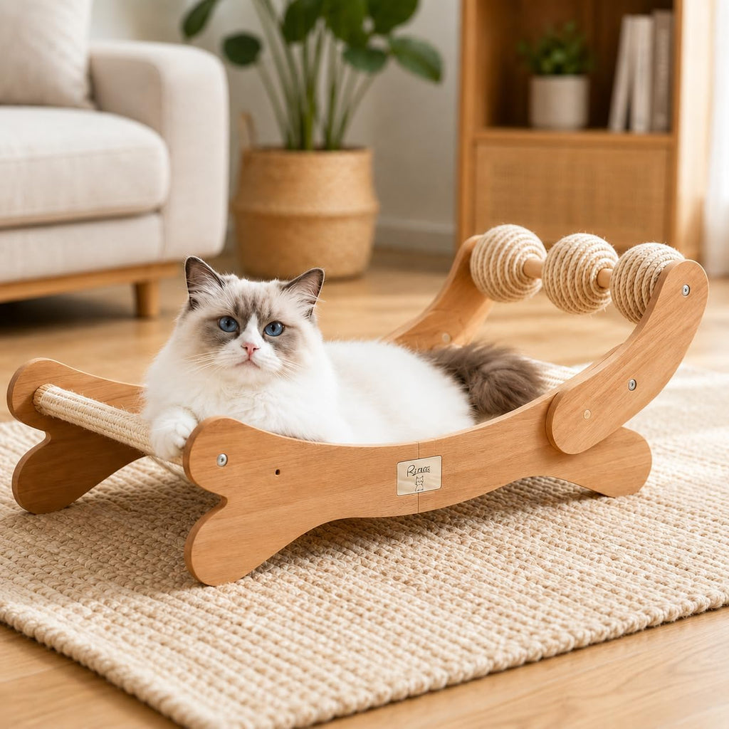 Sisal Cat Scratcher Bed with Three Play Balls and Wooden Hammock for Indoor Cats