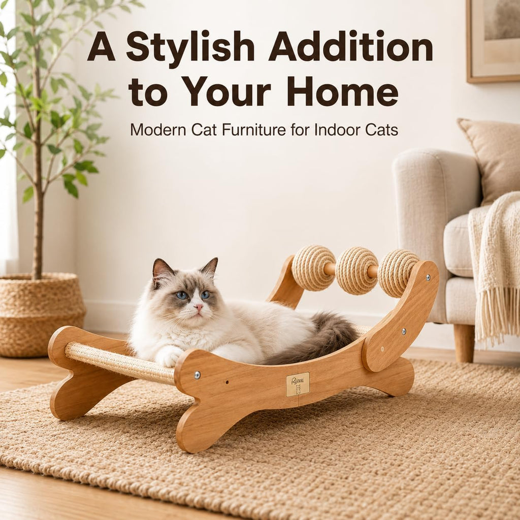 Sisal Cat Scratcher Bed with Three Play Balls and Wooden Hammock for Indoor Cats