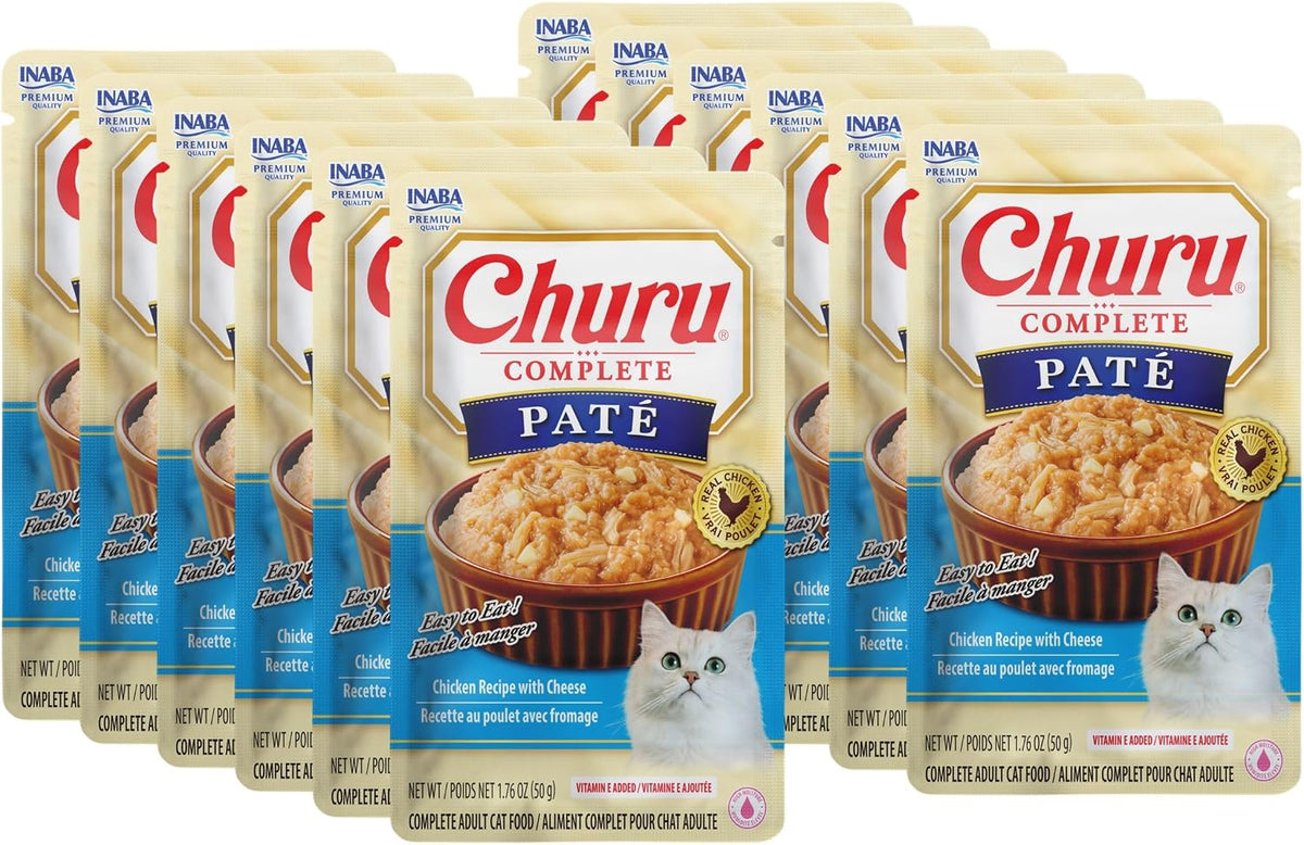 Churu Complete Grain-Free Cat Pate, High Protein & Moisture, Wet Cat Food with Fish Oil, Chicken with Cheese Recipe, 1.76 oz Pouch, Pack of 12