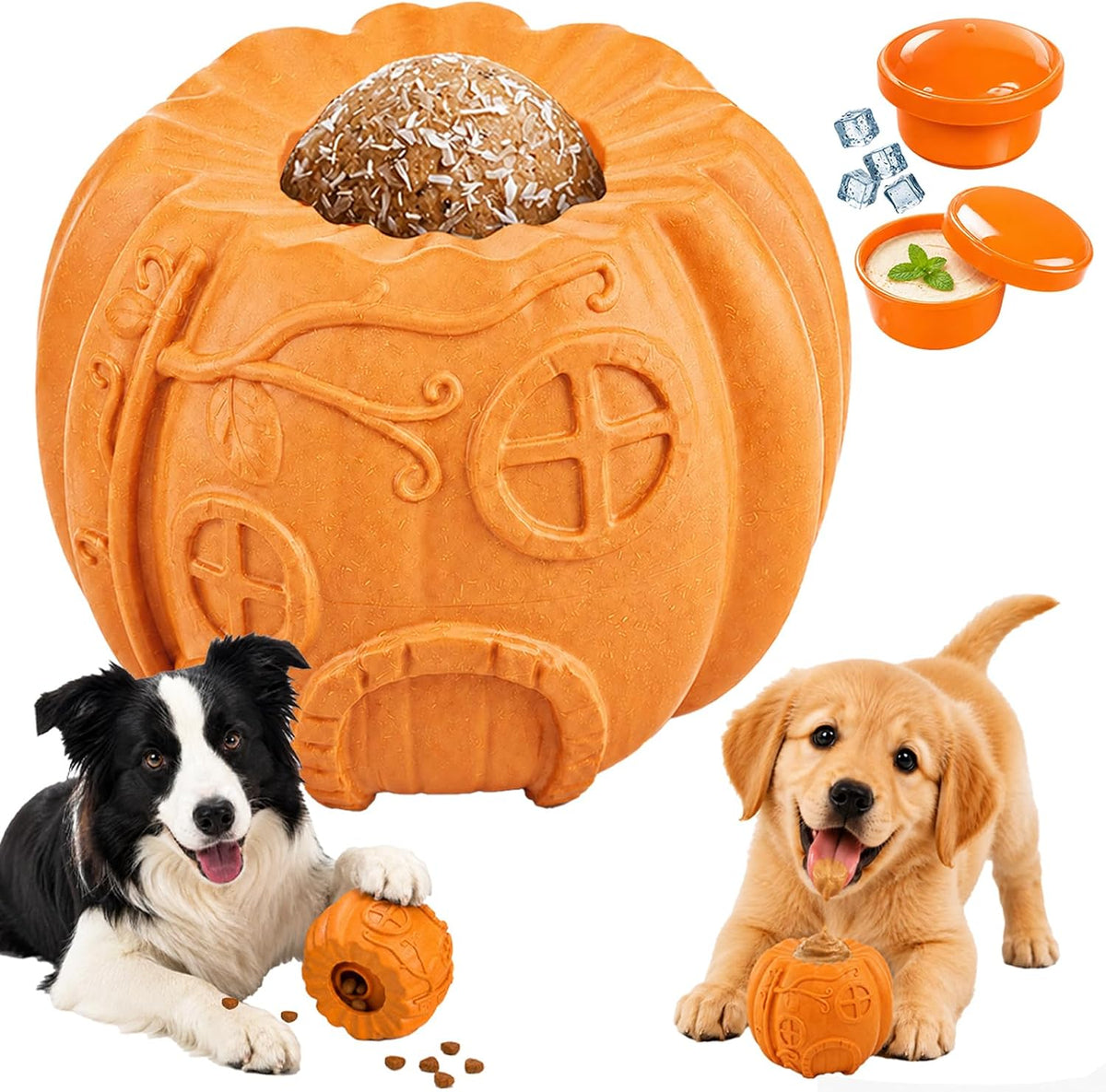 Pumpkin-Shaped Dog Treat Dispenser Toy Set with Freeze Bowls for Enrichment and Slow Feeding